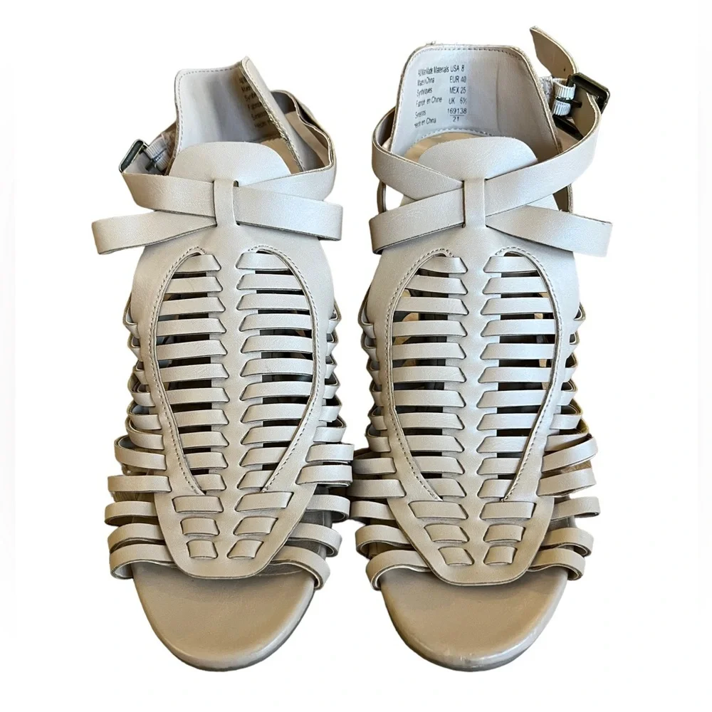 American Eagle Women's Size 8 Peep-Toe, Strappy Heels/ Tan/ Block Wood Heel